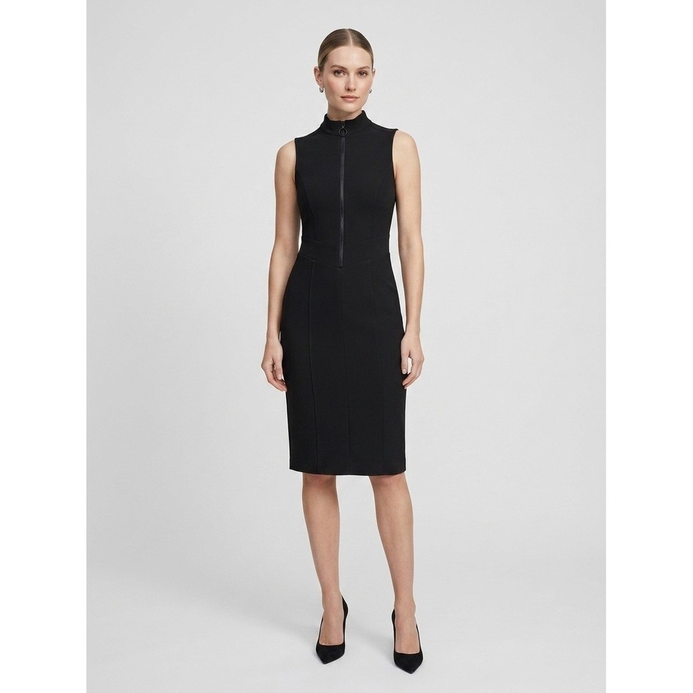Zara Womens Black Sleeveless Mock Neck Front Zip Midi Sheath Dress Size Small